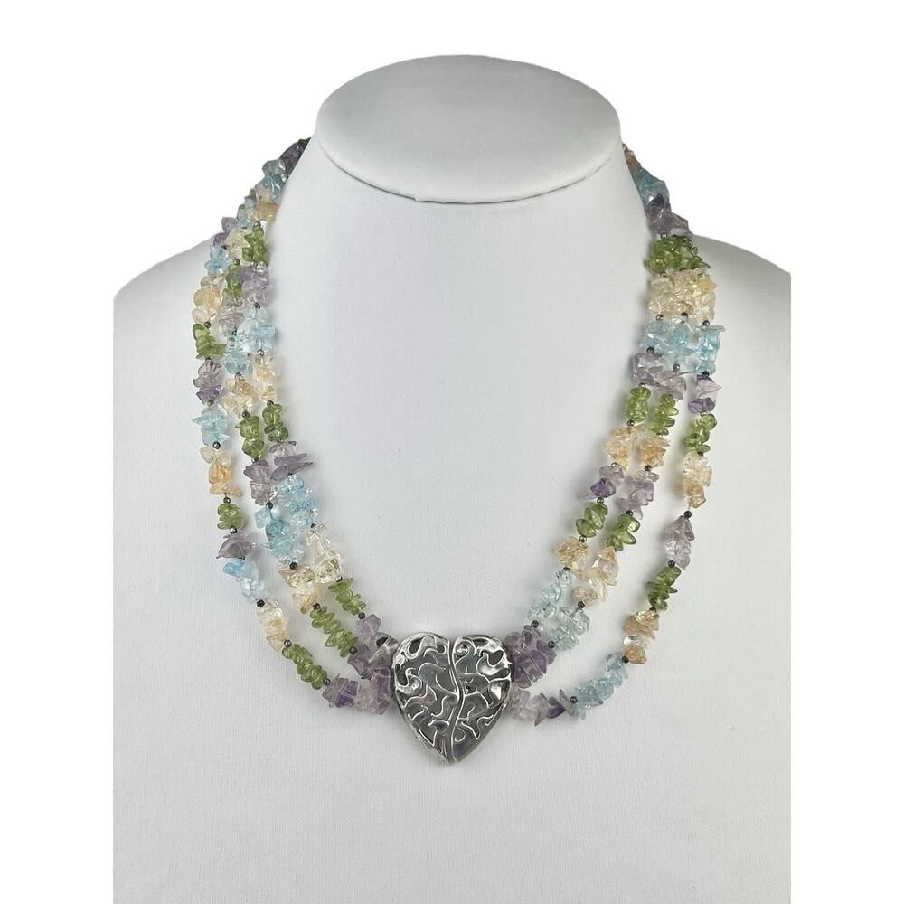 Multistrand Gemstone Chip Necklace 19.75" Sterling Silver Heart Pendant Clasp